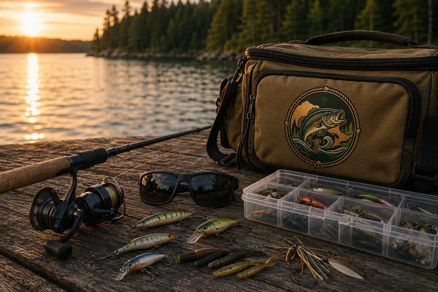 Fishing rod, reel, tackle bag, lures and polarized sunglasses on a dock at sunset