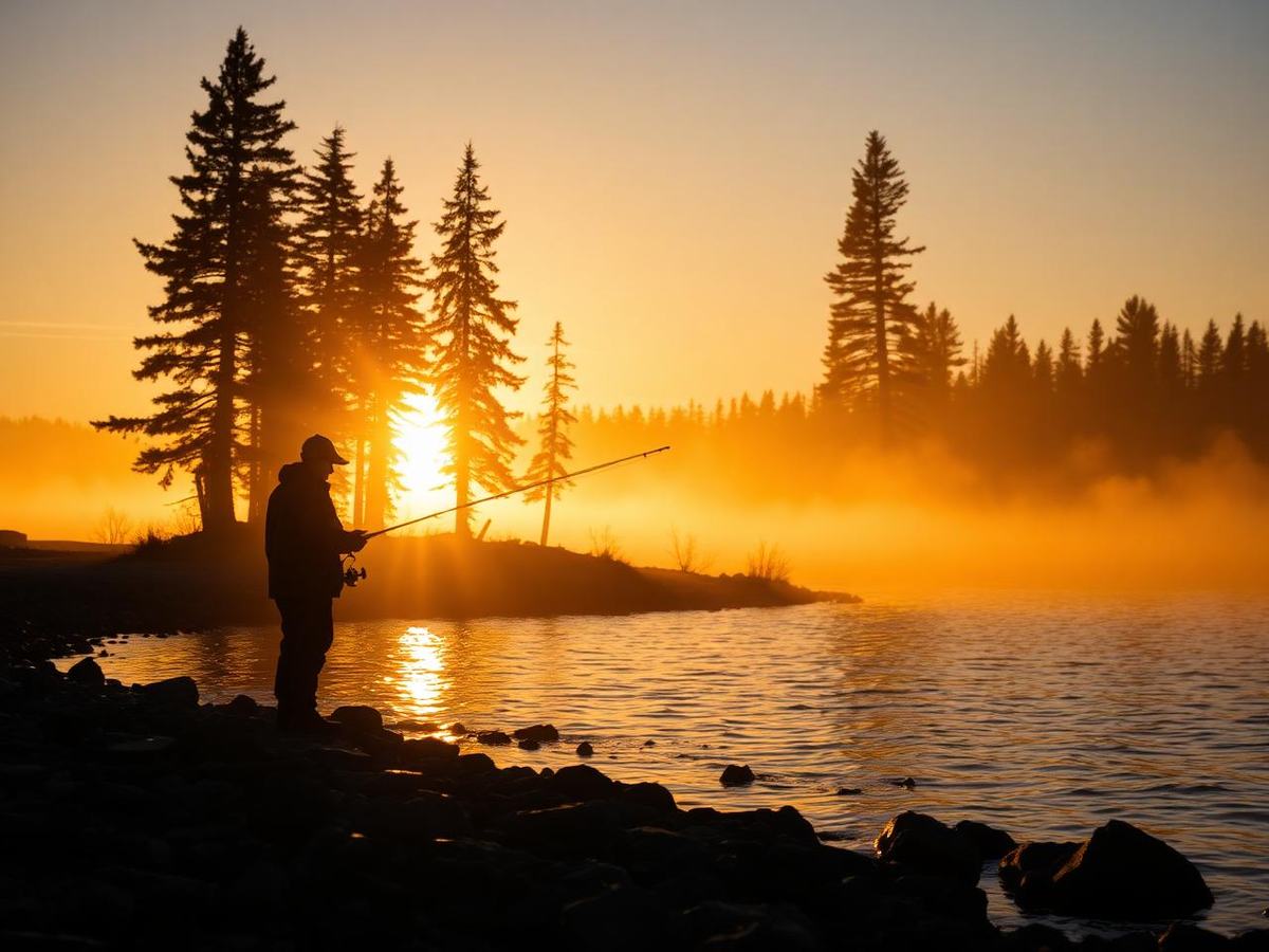Angler silhouette at sunset on a Canadian Shield shoreline