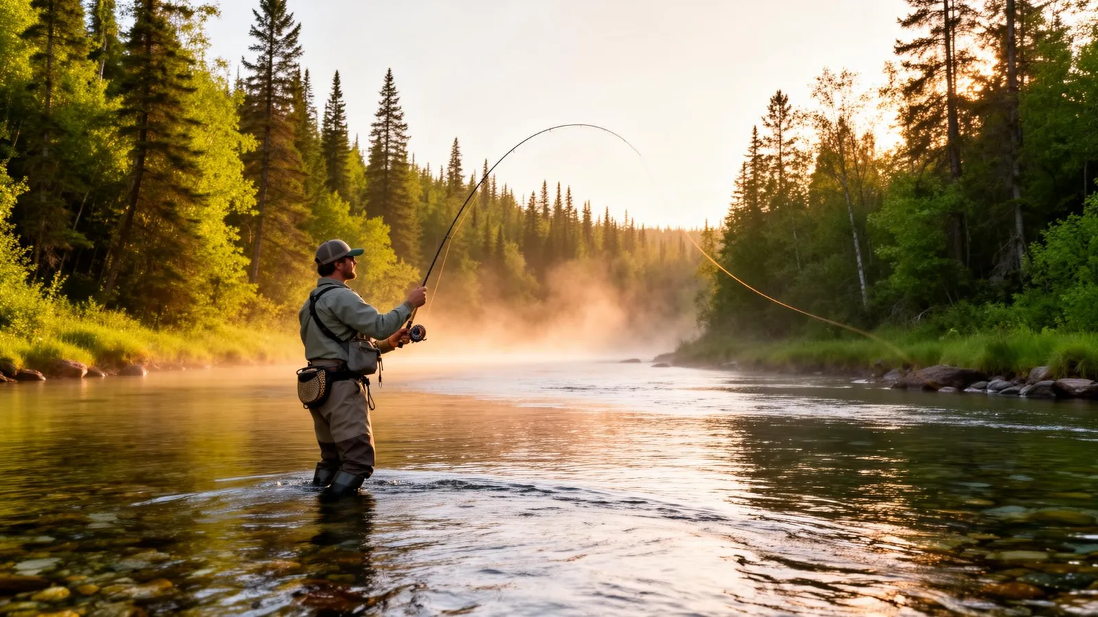 Fly angler casting on a clear Ontario river