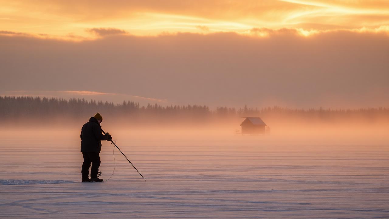 Angler ice fishing on a frozen Ontario lake
