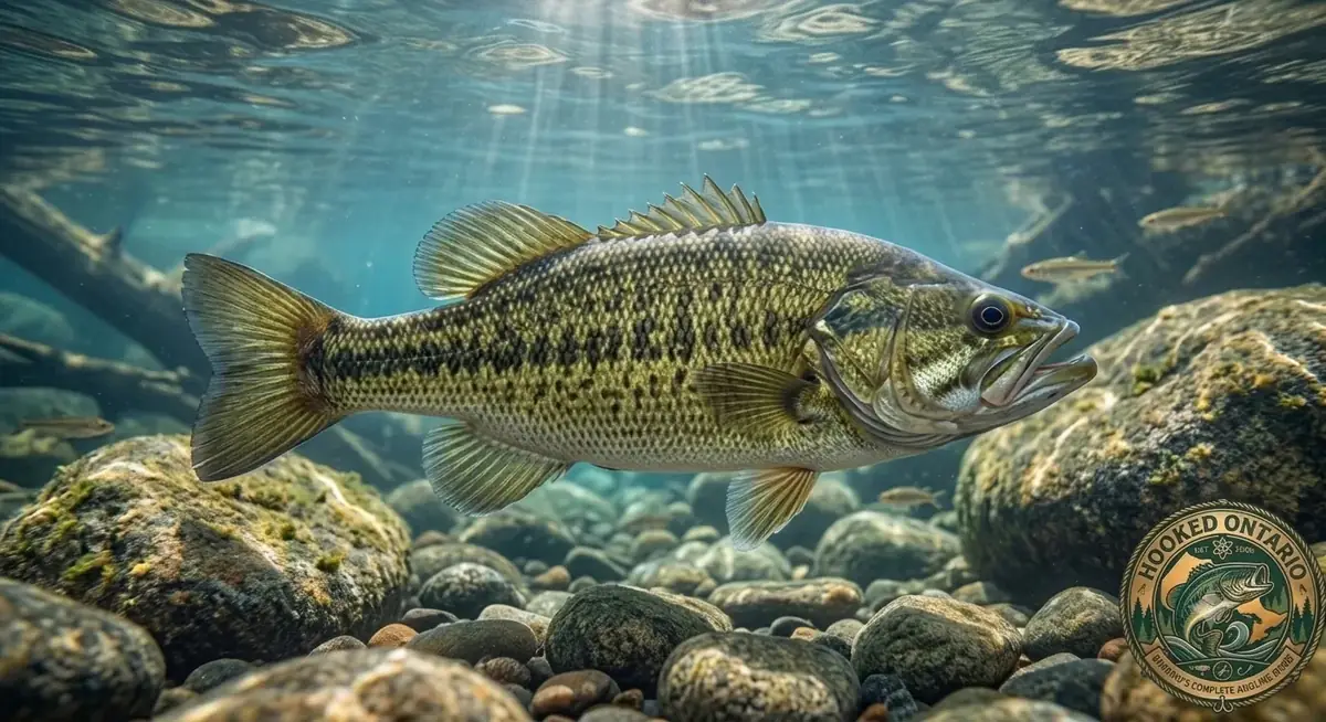 Underwater photograph of a green Ontario largemouth bass with a dark horizontal stripe along its flank, swimming near submerged wood and vegetation in a warm shallow bay.