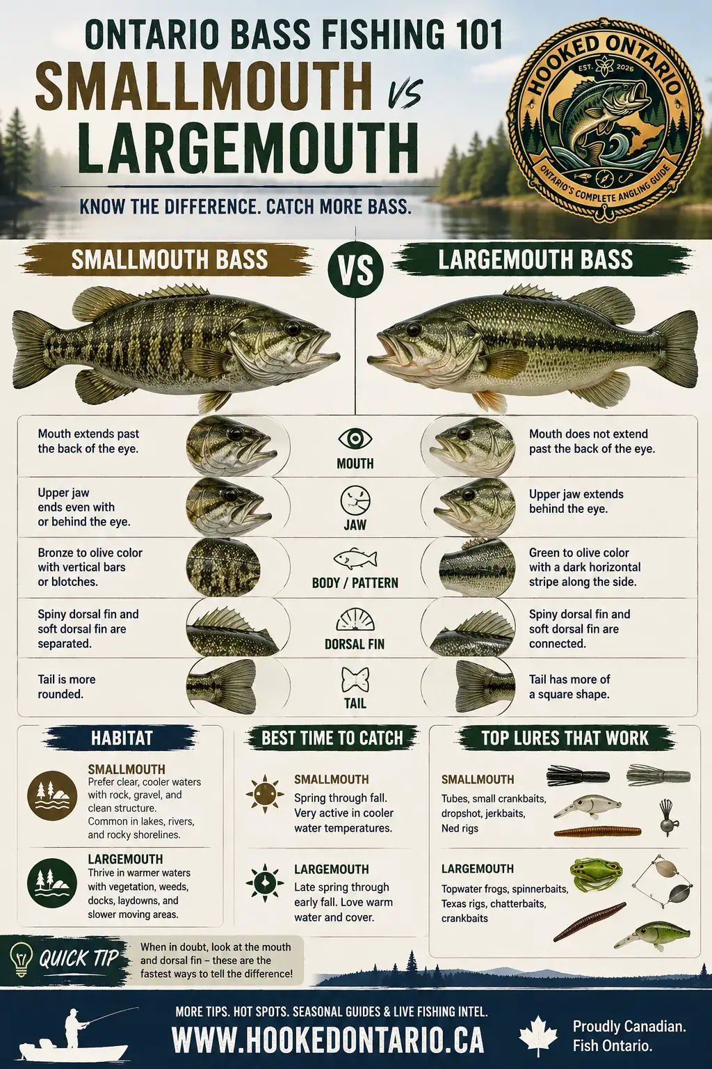 Hooked Ontario Bass Fishing 101 infographic comparing smallmouth and largemouth bass side by side: mouth, jaw, body pattern, dorsal fin, tail, habitat, best time to catch, and top lures for each species.